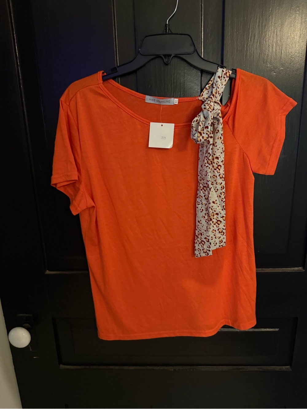 Miss Sparkling Orange Short Sleeve Top with Printed Neck Tie Accent